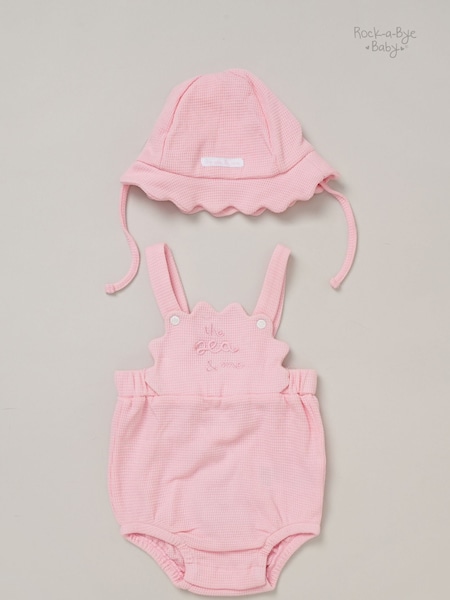 Rock-A-Bye Baby Boutique Pink Waffle 100% Cotton Romper and Sun Hat Outfit Set (F87326) | ₪101
