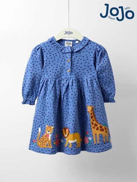 JoJo Maman Bébé Navy Blue Safari Animals Frill Collar Appliqué Dress (F87357) | €37 - €41