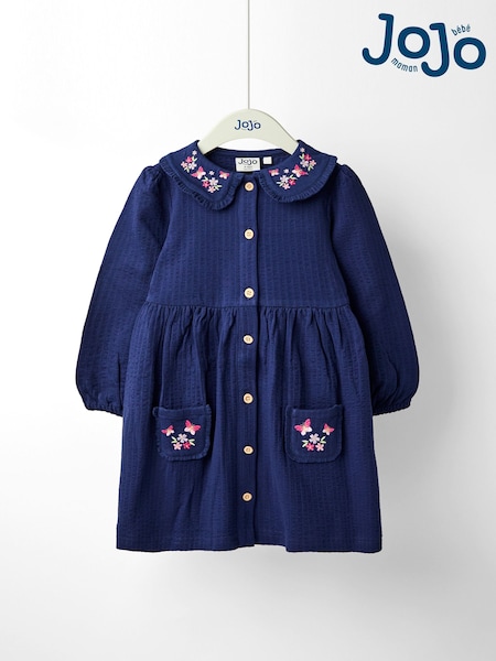 Blau - JoJo Maman Bébé Embroidered Seersucker Collared Dress (F87368) | 37 € - 41 €