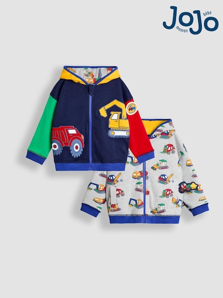 JoJo Maman Bébé Navy Blue Construction Colour Block Appliqué Reversible Hoodie (F87382) | R$ 265 - R$ 295