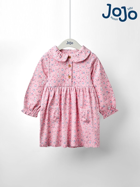 JoJo Maman Bébé Pink Mouse Tea Party Button Front Frill Collar Dress (F87386) | €30 - €34