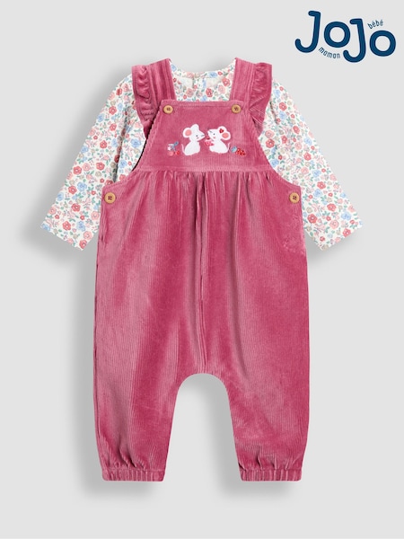 JoJo Maman Bébé Pink Mouse Appliqué Velour Dungarees & Top Set (F87396) | €45 - €46