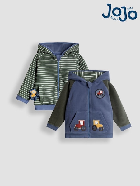 JoJo Maman Bébé Blue Tractor Colour Block Appliqué Reversible Hoodie (F87402) | AED157 - AED175
