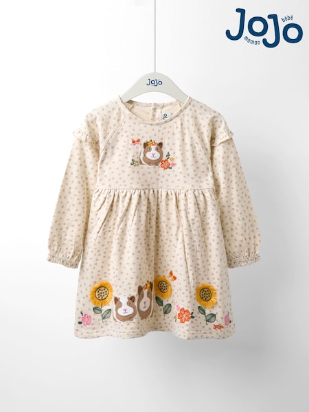 JoJo Maman Bébé Natural Cream Guinea Pig Frill Sleeve Appliqué Dress (F87404) | €39 - €44