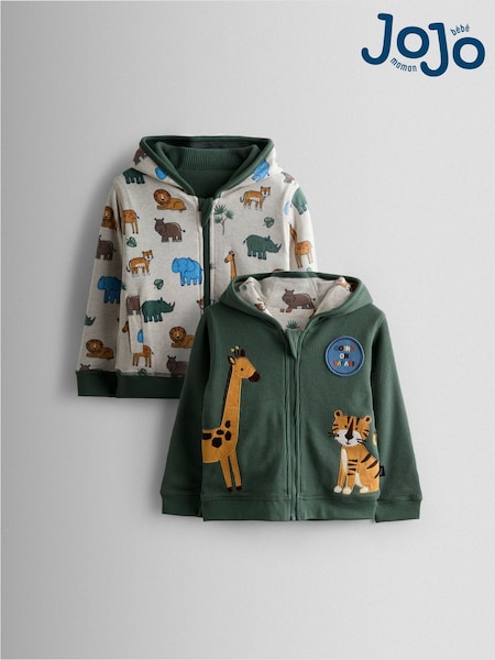 JoJo Maman Bébé Khaki Green Safari Appliqué Reversible Hoodie (F87413) | €43 - €48