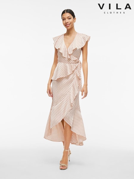 VILA Spot Print Satin Frill Wrap Ankle Dress (F87424) | €85