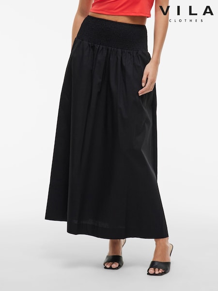 VILA Black Shirred Waist Poplin Maxi 100% Cotton Skirt (F87425) | ₪226