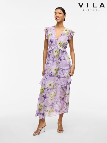 VILA Purple Printed Floral Chiffon Frill Detail Maxi Dress (F87427) | €84