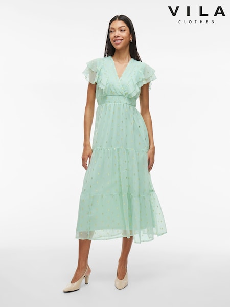 VILA Foil Print Chiffon Midi Frill Dress (F87433) | €74