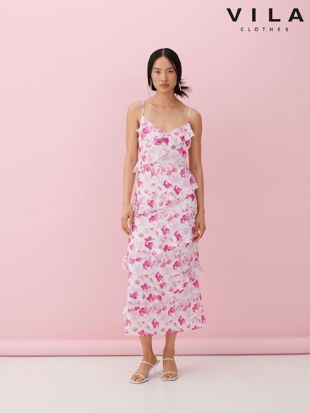 VILA Satin Jacquard Floral Print Frill Midi Dress (F87435) | €95