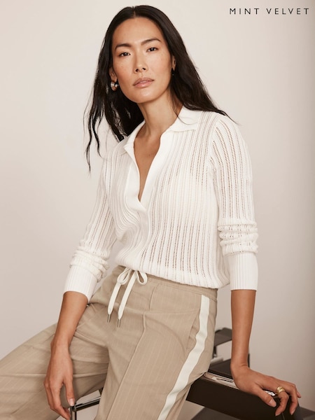 Mint Velvet White Cotton Blend Polo Top (F87460) | €127