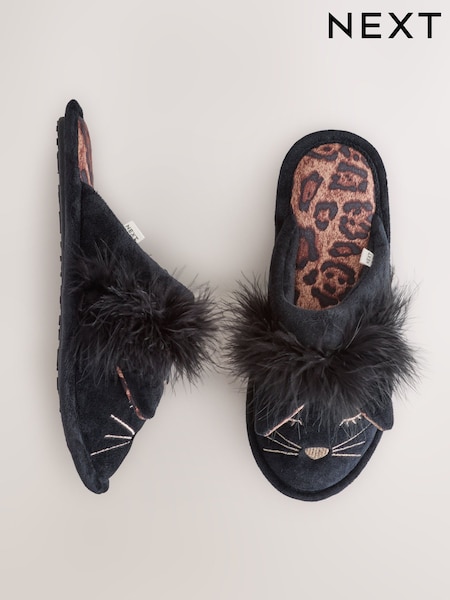 Black Cat Faux Fur Mule Slippers (F87489) | €19