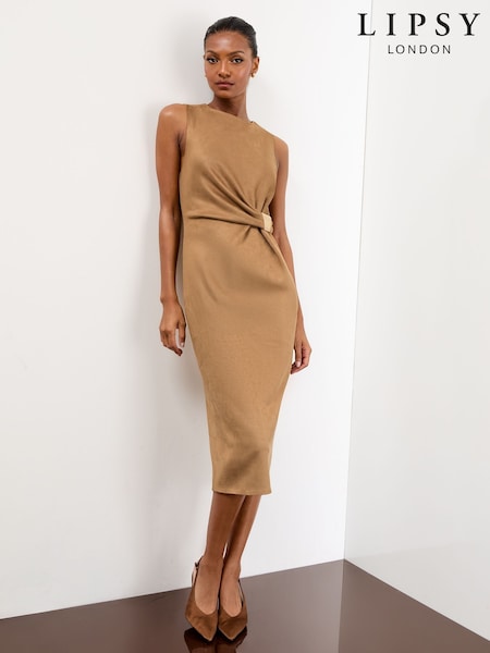 Lipsy Camel Faux Suede Petite Sleeveless Drape Wrap Midi Dress (F87538) | €86