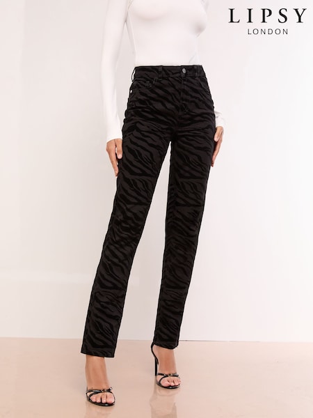Black Flocked Zebra Print - Lipsy Alto Waist Straight Leg Jeans (F87572) | 85 €