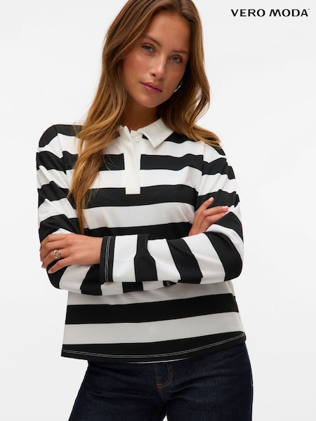 VERO MODA White Rugby Neck Long Sleeve Stripe Polo Shirt (F87608) | AED175