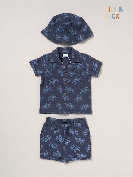 Lily & Jack Muslin Printed 100% Cotton Shirt, Shorts and Bucket Hat Outfit Set (F87617) | €32 - €34