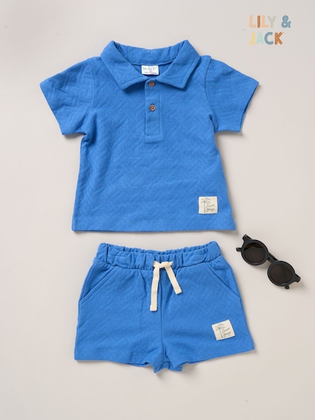 Lily & Jack Blue Jacquard Jersey 100% Cotton Polo Shirt, Shorts and Sunglasses Outfit Set (F87629) | R$ 235 - R$ 255