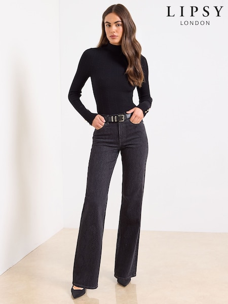 Lipsy Black Snake Print Petite Mid Rise Wide Leg Jeans (F87633) | €69