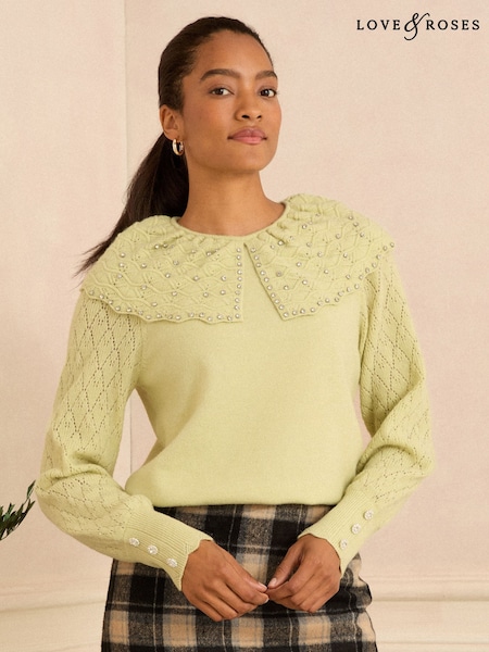 Love & Roses Pistachio Green Embellished Collar Knitted Jumper (F87634) | €59