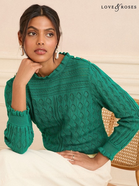 Love & Roses Green Pointelle Petite Frill Neck Knitted Jumper (F87635) | €45