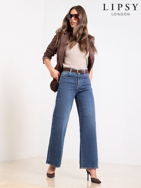 Lipsy Mid Wash Blue Crop Wide Leg Jeans (F87653) | AED285