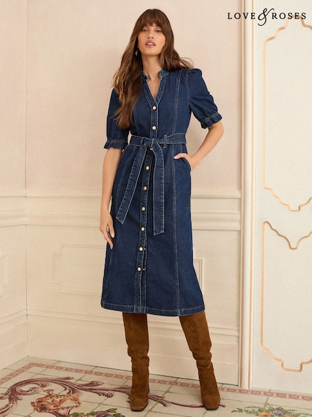Love & Roses Rinse Blue Denim Petite Lace Trim Midi Dress (F87713) | €82