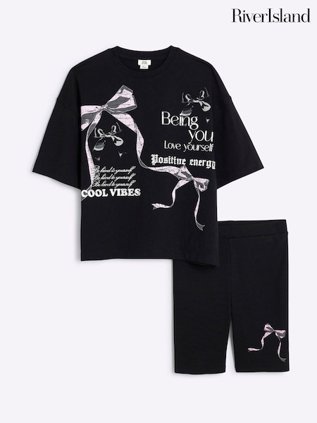 River Island Black Girls Bow T-Shirt and Shorts Set (F87735) | €23