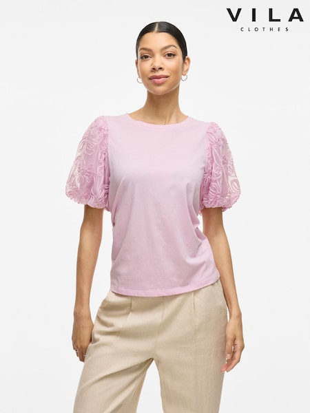 VILA Purple Puff Sleeve Embroidered Tulle Jersey Top (F87747) | €46