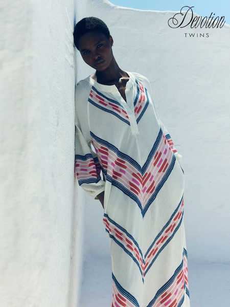 Devotion Twins Cream Beloved Chevron Kaftan 100% Cotton Maxi Dress (F87760) | AZN 802