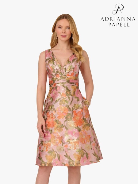 Adrianna Papell Pink Floral Jacquard Midi Dress (F88013) | €392