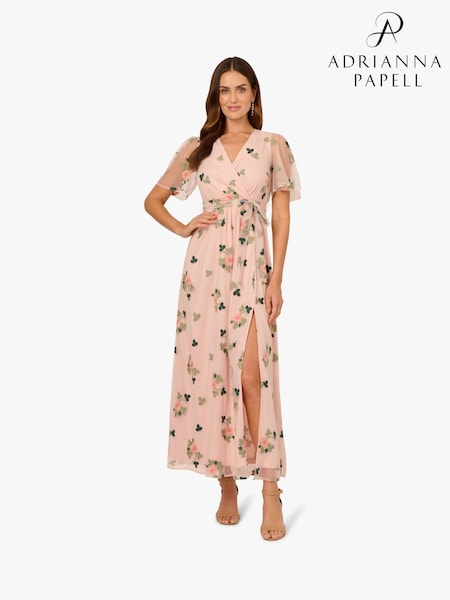 Adrianna Papell Pink Embroidered Flutter Dress (F88016) | ₪850