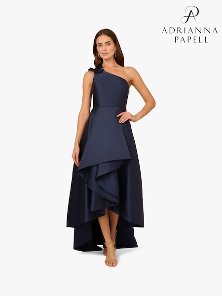 Adrianna Papell Blue Mikado High Low Gown (F88025) | $316