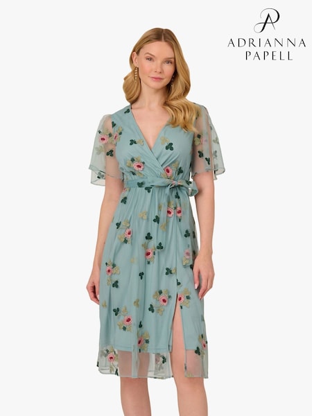 Adrianna Papell Grey Embroidered Surplice Midi Dress (F88030) | €211
