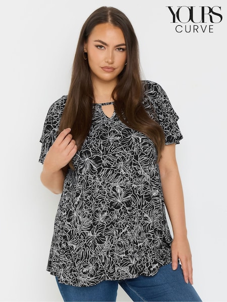 Yours Curve Black Double Frill Keyhole Blouse (F88118) | R$ 285