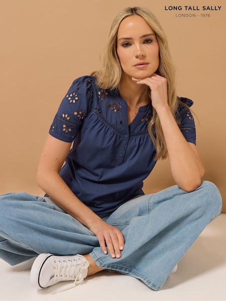Long Tall Sally Blue Broidery Yoke 100% Cotton T-Shirt (F88130) | ₪131