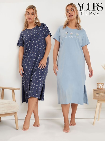 Yours Curve Blue Floral Print Midaxi 100% Cotton Nightdress 2 Pack (F88133) | R$ 385