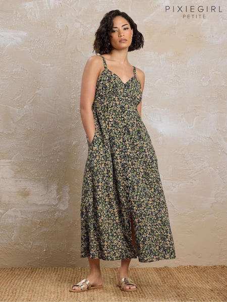 PixieGirl Petite Black Ditsy Strap Midi Dress (F88147) | $61