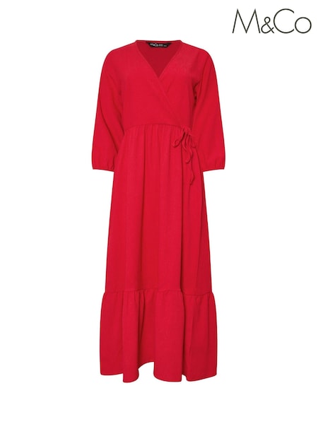 M&Co Red 3/4 Sleeve Wrap Tiered Dress (F88153) | €50
