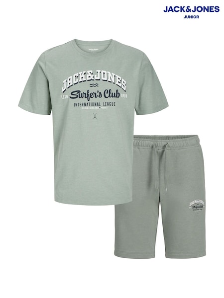 JACK & JONES JUNIOR Green Short Sleeve Logo Print 100% Cotton T-Shirt & Shorts Set (F88178) | ₪136