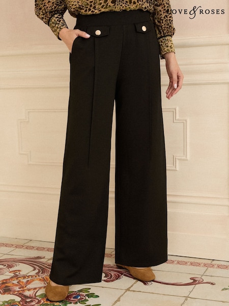 Love & Roses Black Petite Ponte Wide Leg Trousers (F88367) | R$ 335