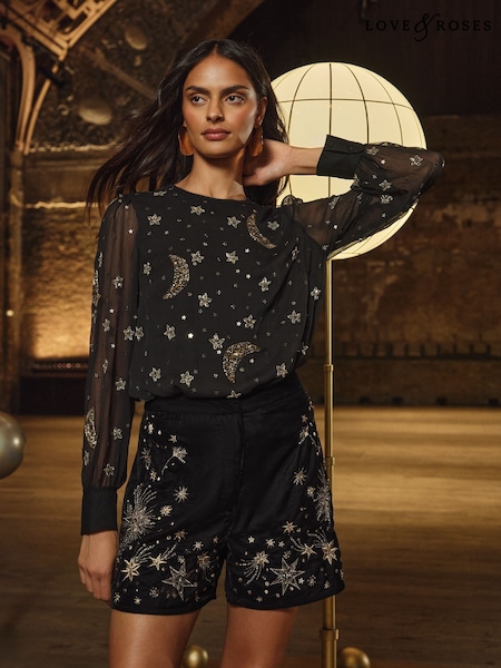 Love & Roses Black Gold RO Velvet Embroidered Shorts (F88384) | €58