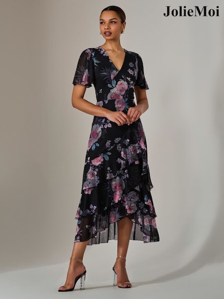 Jolie Moi Black Mesh Print Frill Hem Midaxi Dress (F88387) | ₪397