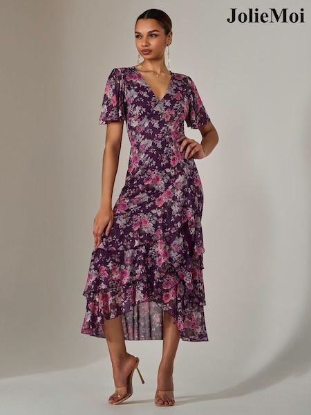 Jolie Moi Purple Mesh Print Frill Hem Midaxi Dress (F88392) | ₪397