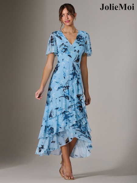 Jolie Moi Blue Mesh Print Frill Hem Midaxi Dress (F88394) | 391 QAR