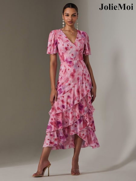 Jolie Moi Pink Mesh Print Frill Hem Midaxi Dress (F88400) | €112