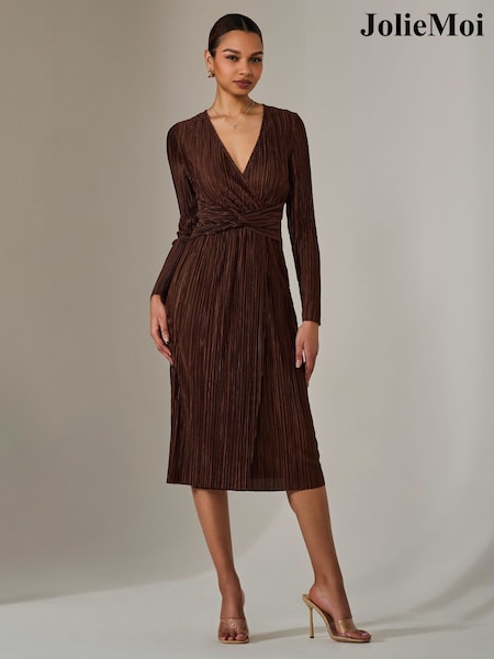 Jolie Moi Brown Plisse Long Sleeve Midi Dress (F88402) | 337 QAR
