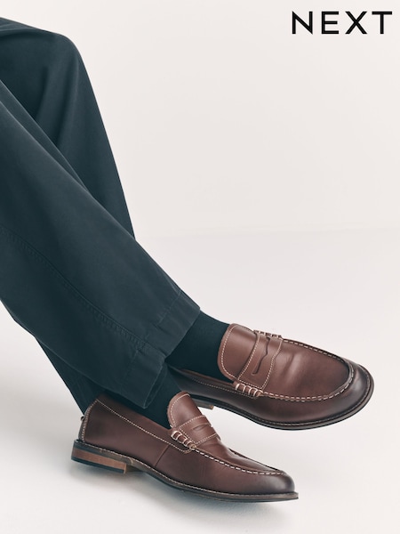 Tan Brown Contrast Stitch Penny Loafers (F88409) | €73