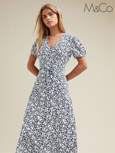 M&Co Blue Petite Jersey Floral Print Wrap Dress (F88464) | €60