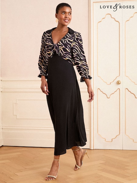 Love & Roses Black Zebra Printed Shirt Midi Dress (F88549) | €86