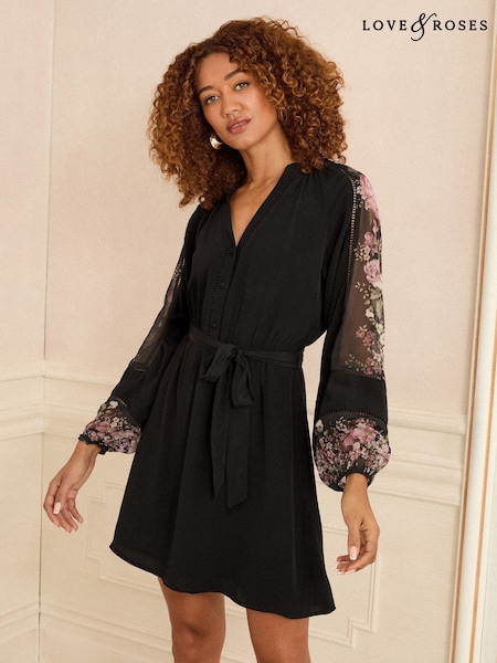 Love & Roses Black Floral Notch Neck Mini Dress (F88567) | 307 QAR